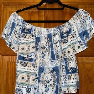 TeenBell Blue & White Off-Shoulder Paisley Crop Top